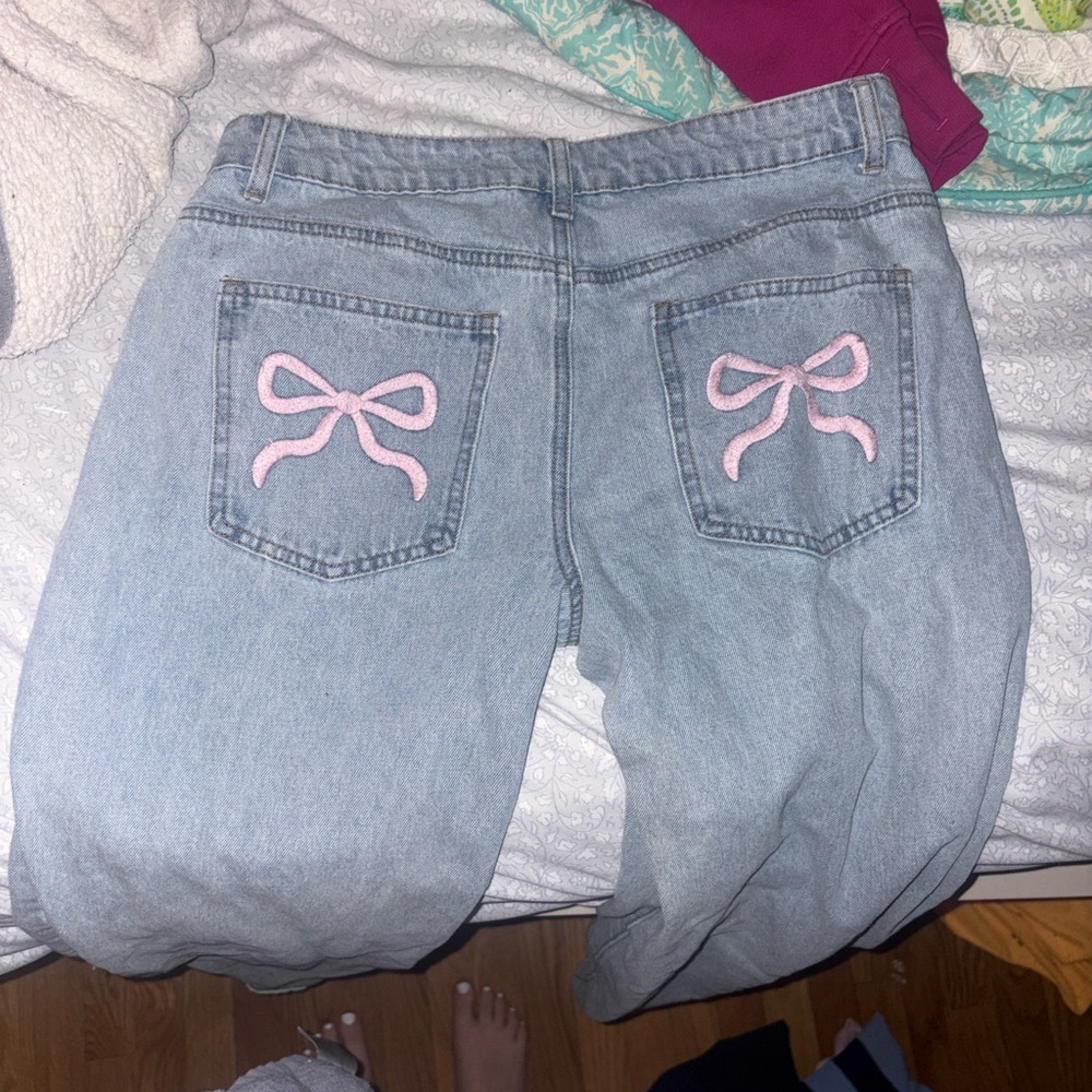 Edikted Light Blue Boyfriend Jeans with Pink Bow Details